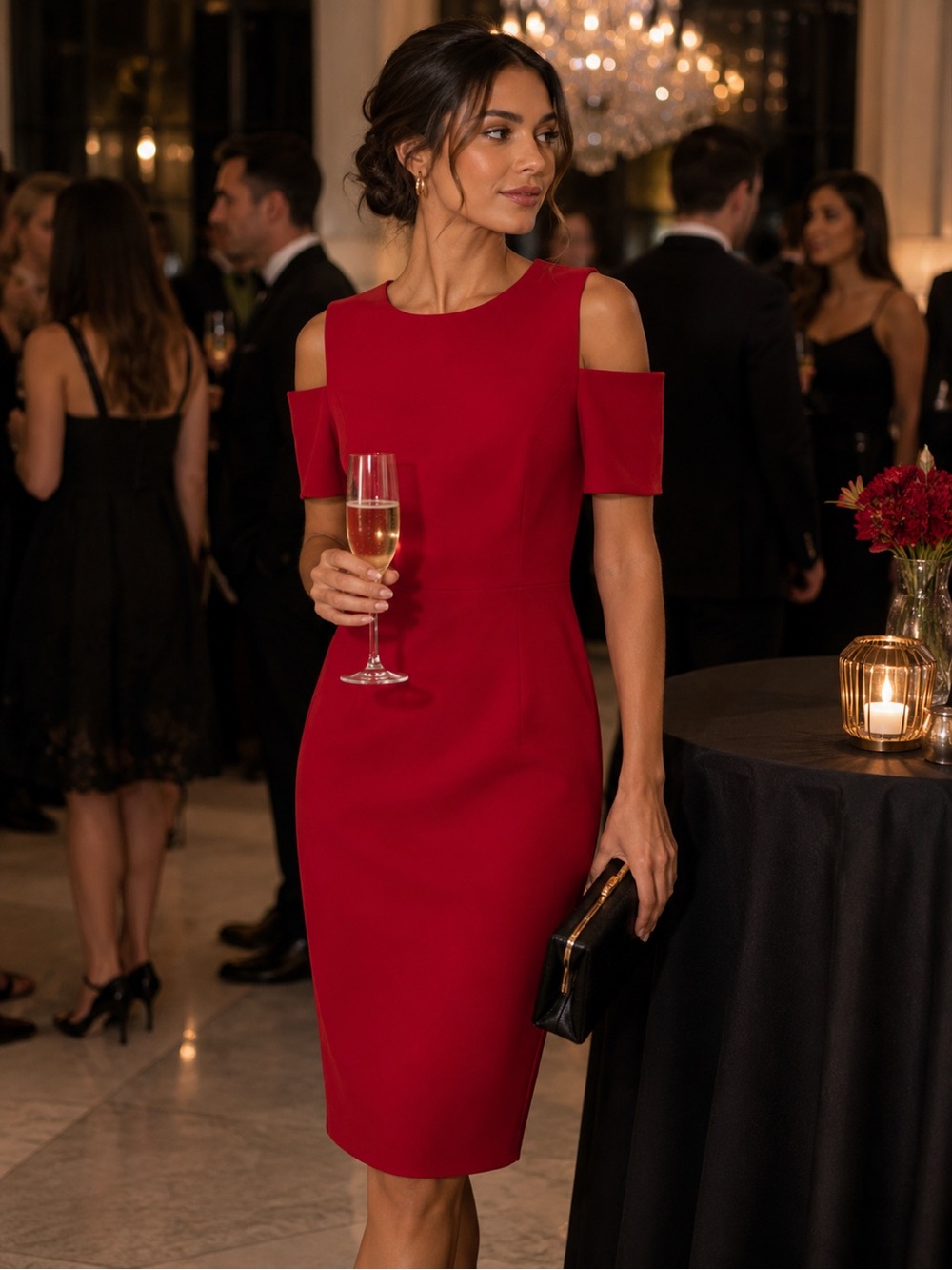 Calvin Klein Red Cold-Shoulder Sheath Midi Dress